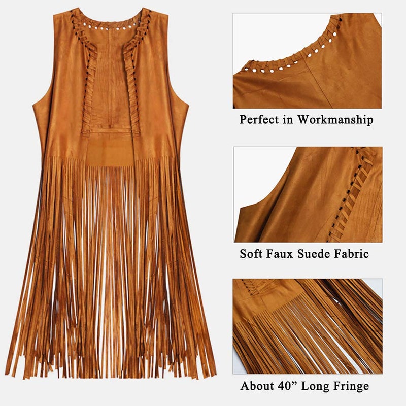 EVISWIY Hippie Costumes Clothes for Women 60s 70s Outfits Women Hippie Vest with Fringe Sleeveless Cardigan Faux Seude Tassels Vest Set (Large) Beige - Image 3